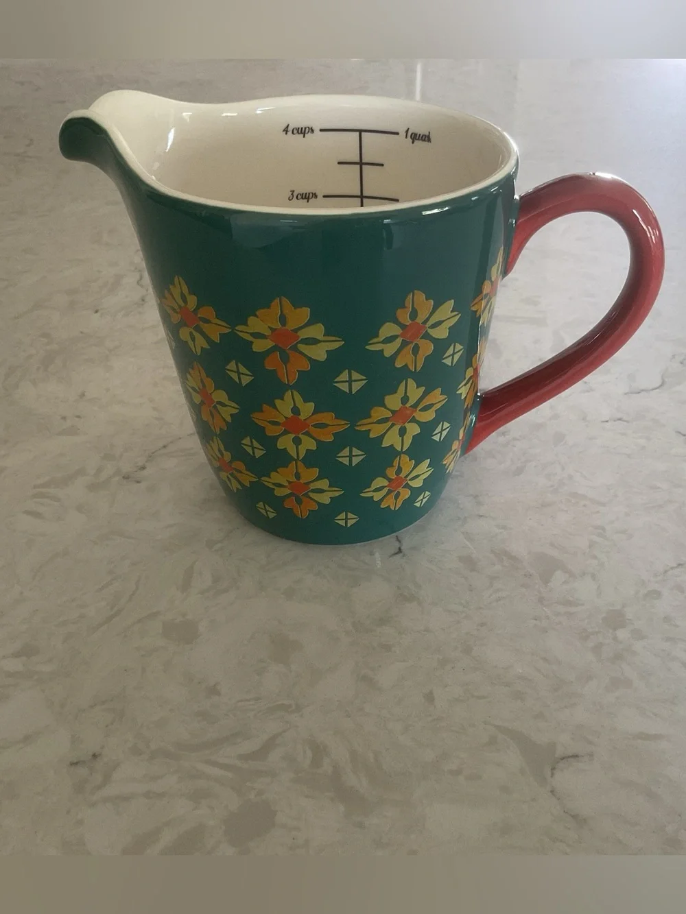 The Pioneer Woman Geometric Teal Floral Stoneware 4 Cup Measuring Pitcher